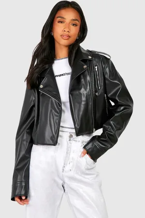 Boohoo Womens Petite Crop Faux Leather Biker Jacket - - Size 14 UK