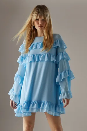 warehouse Womens Chiffon Ruffle Flared Sleeve Mini Smock Dress - - Size 16 UK