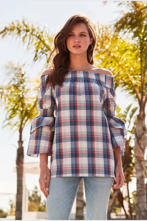 Sosandar Womens Checked Bardot Top - - Size 10 UK