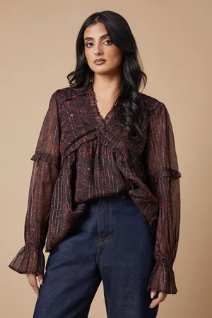 Oasis Womens Printed Metallic Chiffon Ruffle Detail Blouse - - Size 8 UK