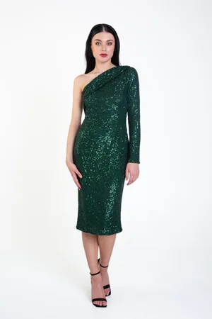 Gini London Womens One Shoulder Draped Sequin Midi Dress - - Size 8 UK