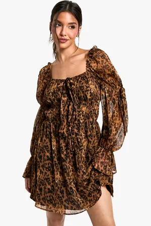 Boohoo Womens Leopard Chiffon Milkmaid Mini Dress - - Size 18 UK