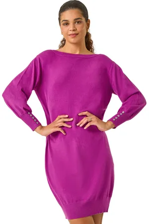 Roman Womens Button Detail Slash Neck Knitted Stretch Dress - - Size 14 UK