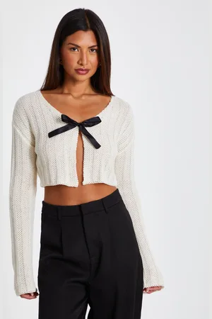 Quiz Womens White Crochet Knit Tie Cardigan - - Size Large