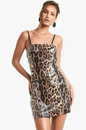 Boohoo Womens Square Neck Lace Back Leopard Sequin Mini Dress - - Size 12 UK