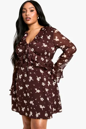Boohoo Womens Plus Dark Floral Chiffon Smock Dress - - Size 18 UK