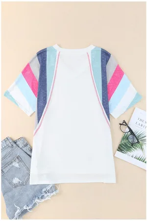 Azura Exchange WoMens Patchwork V Neck T-Shirt with Stripe Detail in - Size Small