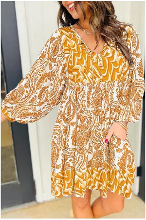 Azura Exchange WoMens Mustard Floral Print V-Neck Casual Dress - - Size Large