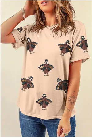 Azura Exchange Womens Turkey Sequined TShirt Beige - - Size 2XL