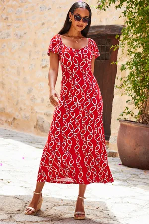 Sosandar Womens Chain Print Angel Sleeve Fit & Flare Midi Dress - Size 6 UK