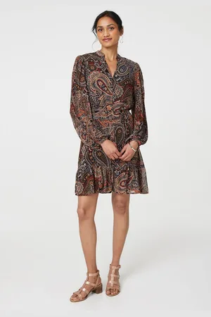 Izabel London Womens Paisley Print Tie Waist Short Dress - Size 16 UK