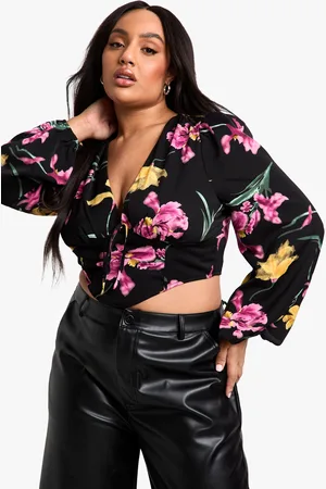 Boohoo Womens Plus Floral Puff Sleeve Longline Corset Top - - Size 18 UK