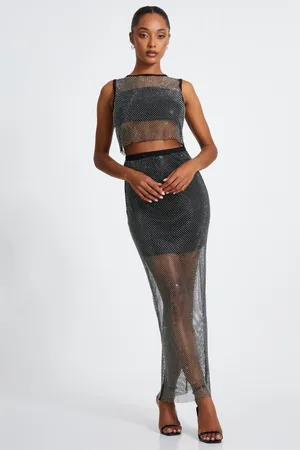 Quiz Womens Mesh Diamante Midaxi Skirt - Size Medium