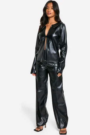 Boohoo Womens Petite PU Tie Front Shirt and Trouser Set - - Size 8 UK