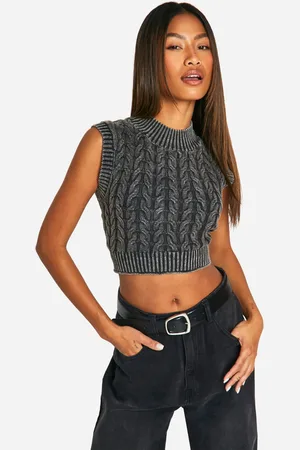 Boohoo Womens Acid Wash Cable Knit Tank - Cotton - Size Small