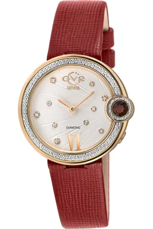 GV2 by Gevril WoMens Perugia Diamond Watch, IPRG Case, Silver/White Dial, Genuine Saffiano Handmade Leather Strap - One Size