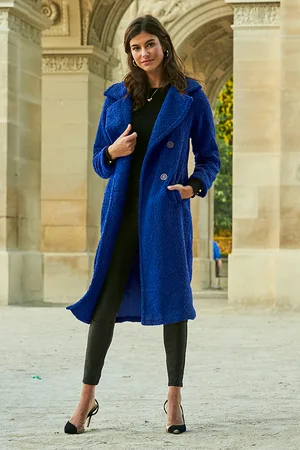 Sosandar Womens Cobalt Super Cosy Longline Borg Coat - Size 8 UK