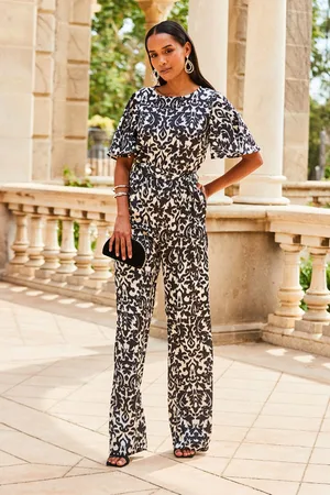 Sosandar Womens & White Mono Print Satin Angel Sleeve Wide Leg Jumpsuit - Size 8 Long