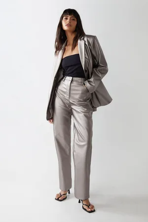 warehouse Womens Premium Faux Leather Metallic Straight Leg Trousers - - Size 12 UK