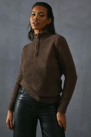 MissPap Womens Knitted Boucle Zip Up Neck Oversized Jumper - - Size X-Small/Small