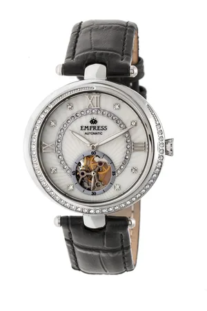 Empress Womens Stella Automatic Semi-Skeleton MOP Leather-Band Watch - Stainless Steel - One Size