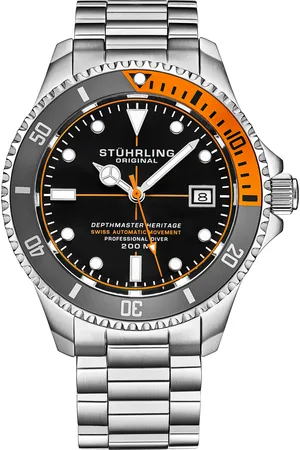 Stuhrling Mens Black and Orange Swiss Automatic Depthmaster Heritage 42mm Diver - - One Size