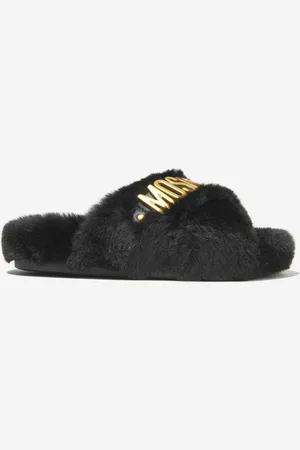 Moschino Kids Girls Faux Fur Logo Slippers - - Size UK 12.5 Kids