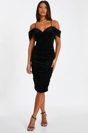 Quiz Womens Velvet Glitter Cold Shoulder Midi Dress - Size 12 UK