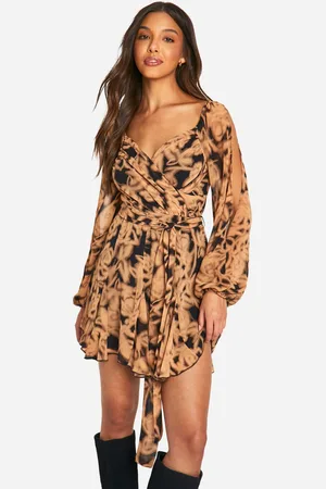 Boohoo Womens Floral Chiffon Lace Back Puff Sleeve Wrap Skater Dress - - Size 8 UK