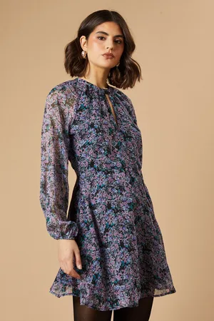 Oasis Womens Ditsy Chiffon Keyhole Mini Dress - - Size 12 UK