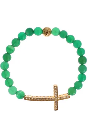 Nialaya WoMens Jade Stone Gold CZ Cross 925 Silver Bracelet - material_Sterling_Silver - Size X-Small