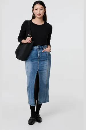 Izabel London Womens Washed Denim Split Hem Knee Length Skirt - Size 16 UK