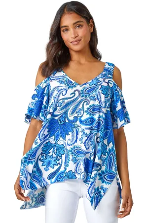 Roman Womens Paisley Hanky Hem Cold Shoulder Top - Viscose - Size 10 UK