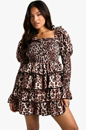 Boohoo Womens Petite Shirred Leopard Tiered Ruffle Skater Dress - - Size 14 UK