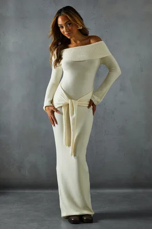 MissPap Womens Knitted Bardot Wrap Front Midi Dress - Nylon - Size Medium/Large
