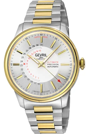 Gevril Mens Guggenheim Automatic 316L Stainless Steel Silver Dial, IP gold Satin and Polished Bracelet. - - One Size