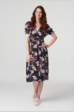 Izabel London Womens Navy Floral Shirred Detail Midi Dress - viscose - Size 8 UK