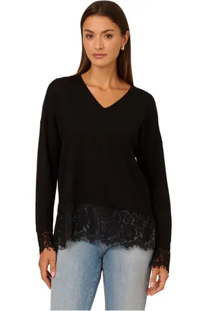 Adrianna Papell Womens V-Neck Solid Twofer Sweater With Lace Combo - - Size X-Small