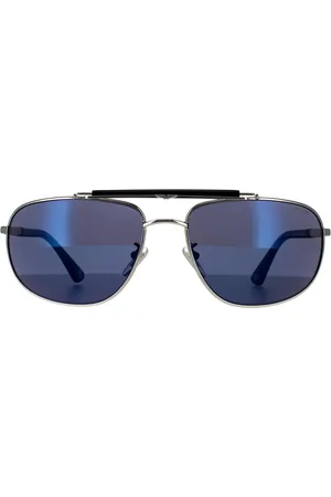 Police Rectangle Mens Shiny Palladium Blue Mirrored Sunglasses 90041091 - Metal - One Size