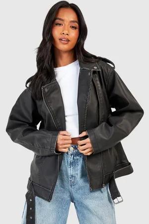 Boohoo Womens Petite Oversized Vintage Faux Leather Biker Jacket - - Size 10 UK