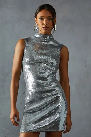 MissPap Womens Sequin Sleeveless Grown On Neck Longline Top - - Size 12 UK