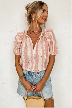 Azura Exchange Womens Frilled Short Puff Sleeve Mixed Print Blouse Viscose - Size Small