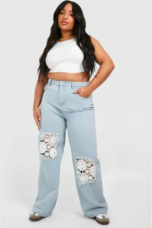 Boohoo Womens Plus Crochet Mix Wide Leg Jeans - Cotton - Size 28 UK