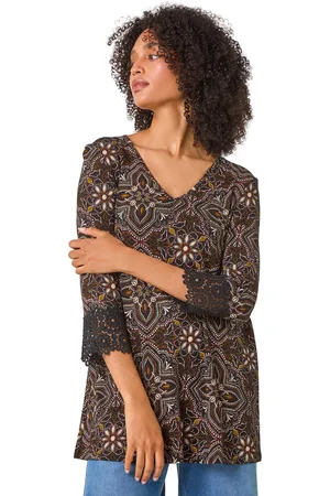 Roman Womens Abstract Print Lace Detail Tunic Top - - Size 14 UK