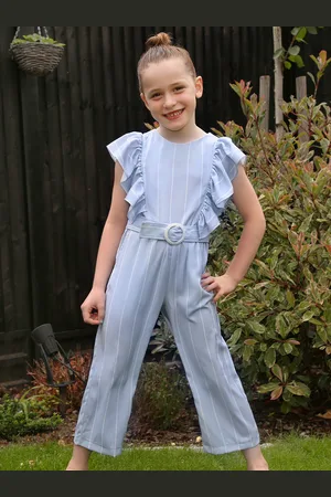 Chi Chi London Girls Ruffle Design Striped Belted Jumpsuit in - Size 7Y