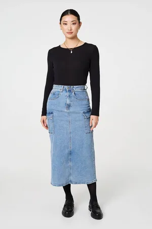 Izabel London Womens Denim High Waist Midi Cargo Skirt - Size 8 UK