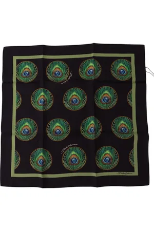 Dolce & Gabbana Mens Peacock Feather DG Printed Square Handkerchief Scarf Silk - One Size