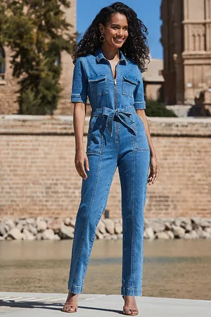 Sosandar Womens Mid Denim Tie Waist Utility Jumpsuit - Size 18 Short