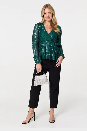 Izabel London Womens Sequin Embellished Long Sleeve Peplum Top - Size 8 UK