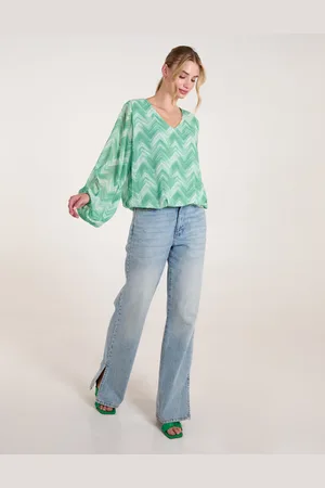 Blue Vanilla Womens V Neck Zig Zag Puffball Top - - Size Small/Medium